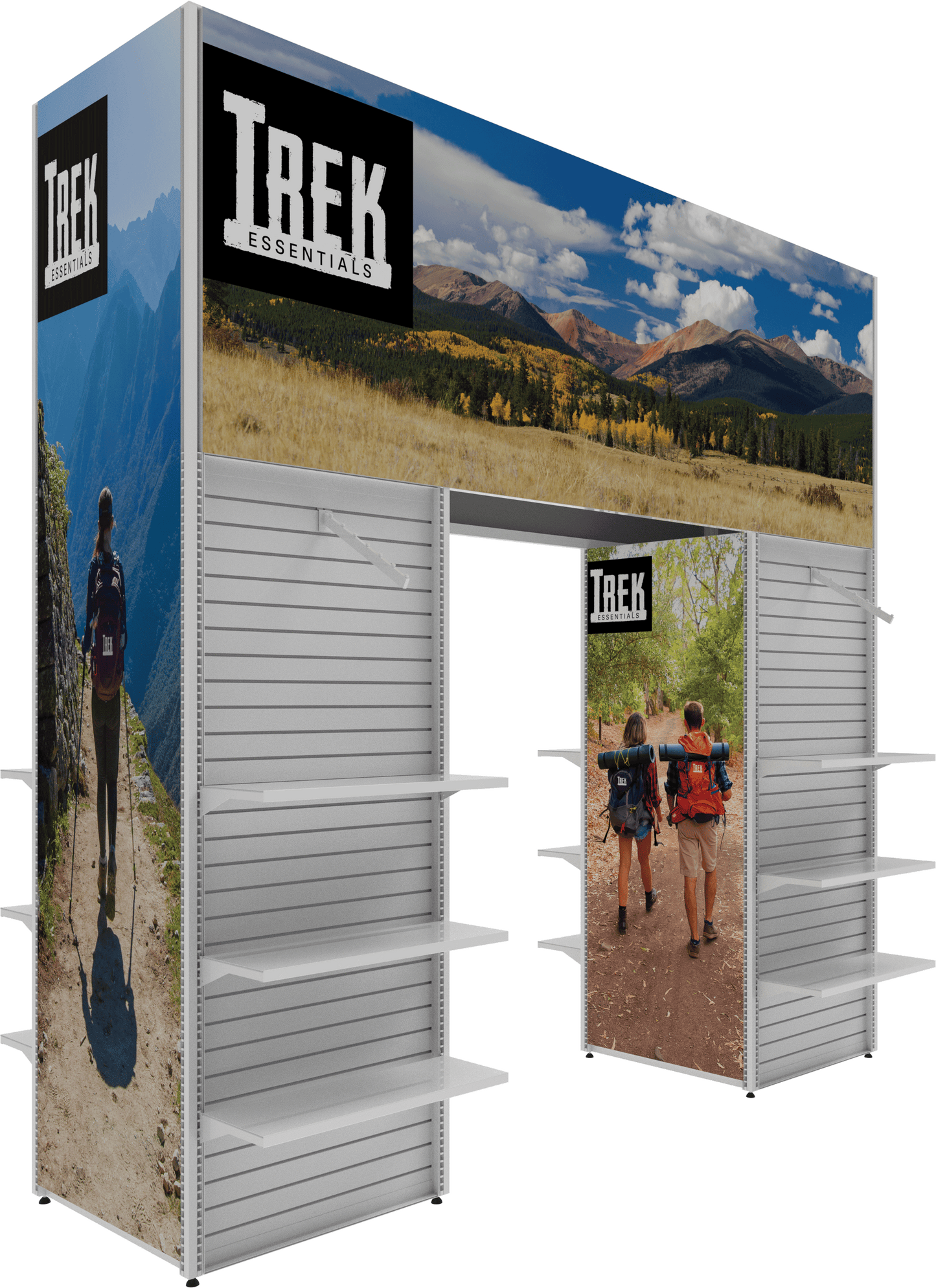 MODIFY Four Sided Arch and Two Slated Stands  - 148"W x 144"H - Product Display with Graphics