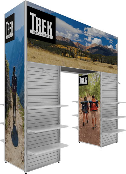 MODIFY Four Sided Arch and Two Slated Stands  - 148"W x 144"H - Product Display with Graphics