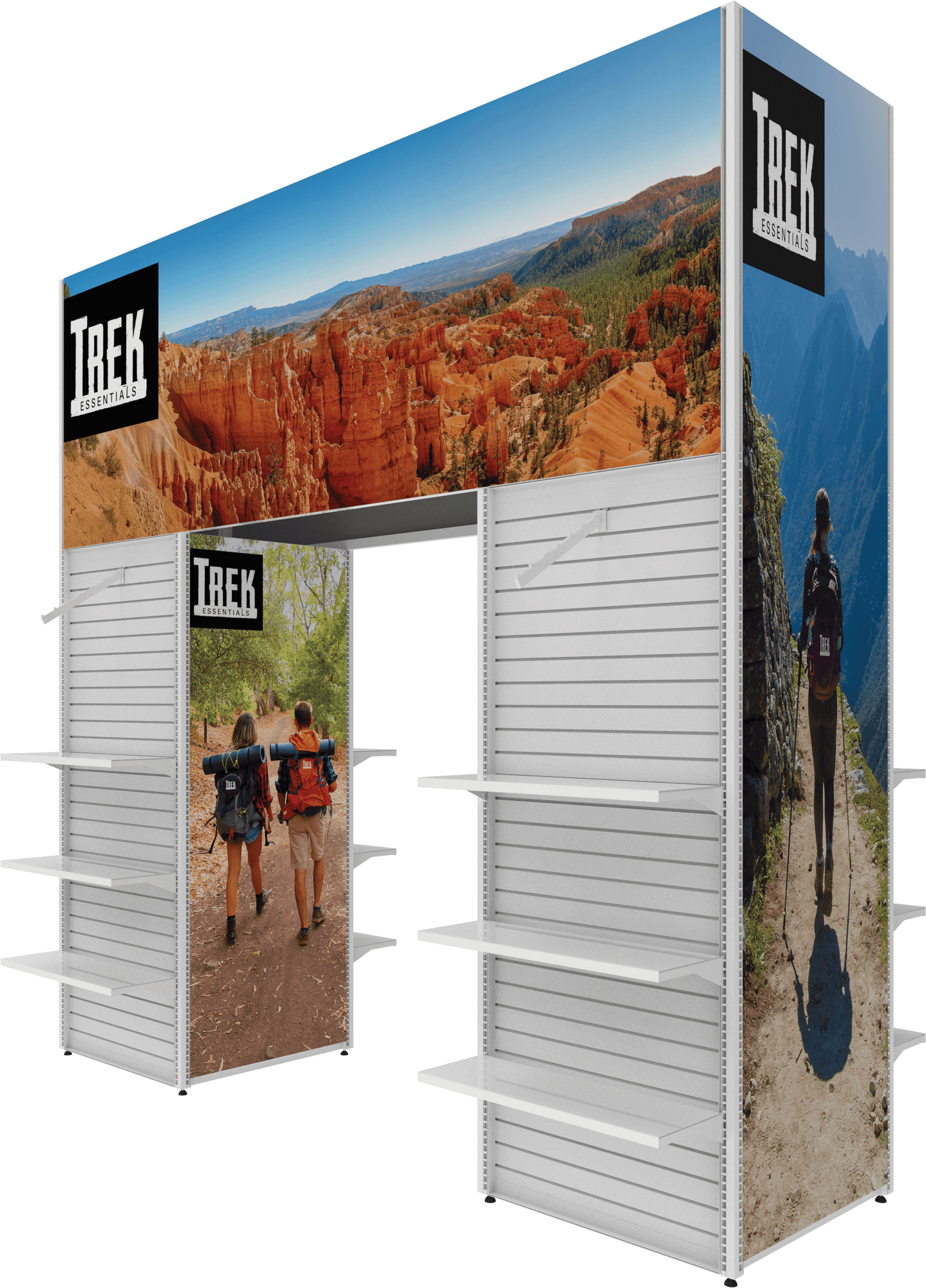 MODIFY Four Sided Arch and Two Slated Stands  - 148"W x 144"H - Product Display with Graphics