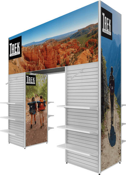 MODIFY Four Sided Arch and Two Slated Stands  - 148"W x 144"H - Product Display with Graphics