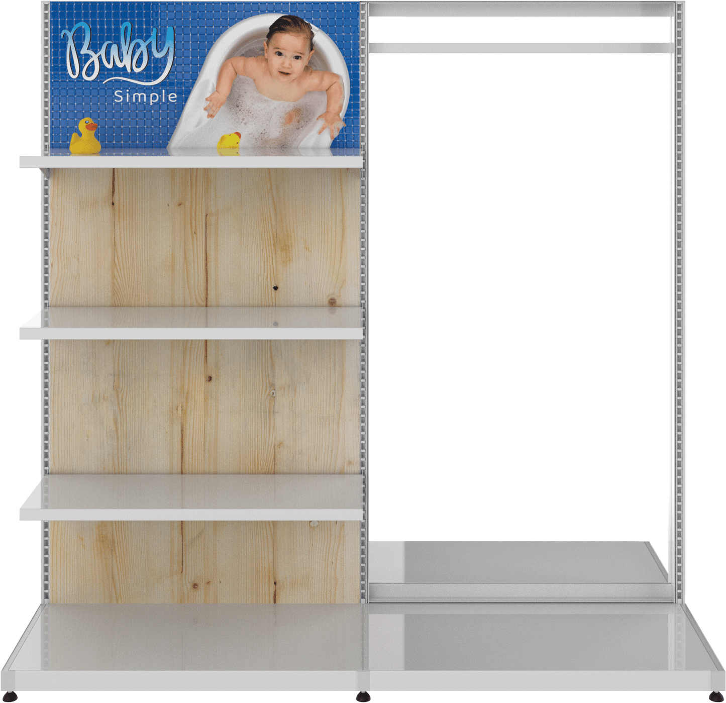 MODIFY Double Sided Display Stand with Shelving and Hanging Apparel - 74"W x 72"H- Product Display with Graphics