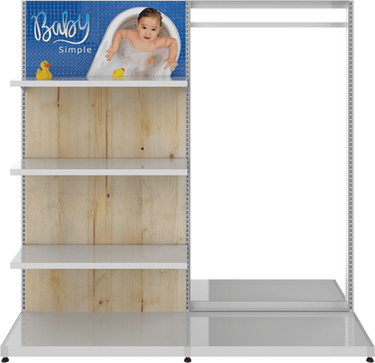 MODIFY Double Sided Display Stand with Shelving and Hanging Apparel - 74"W x 72"H- Product Display with Graphics