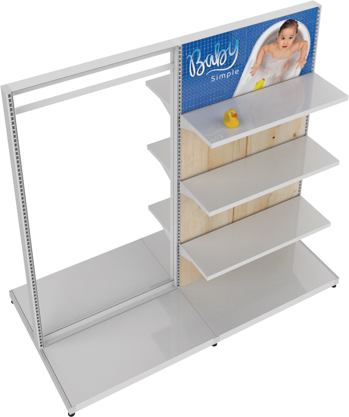 MODIFY Double Sided Display Stand with Shelving and Hanging Apparel - 74"W x 72"H- Product Display with Graphics