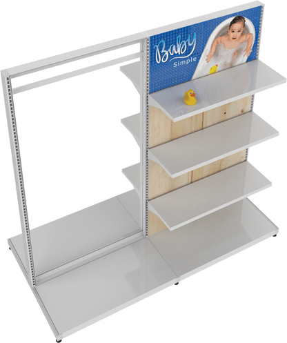 MODIFY Double Sided Display Stand with Shelving and Hanging Apparel - 74"W x 72"H- Product Display with Graphics