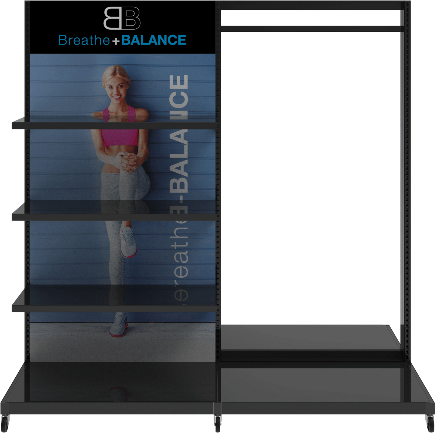 MODIFY Double Sided Display Stand with Shelving and Hanging Apparel - 74"W x 72"H- Product Display with Graphics