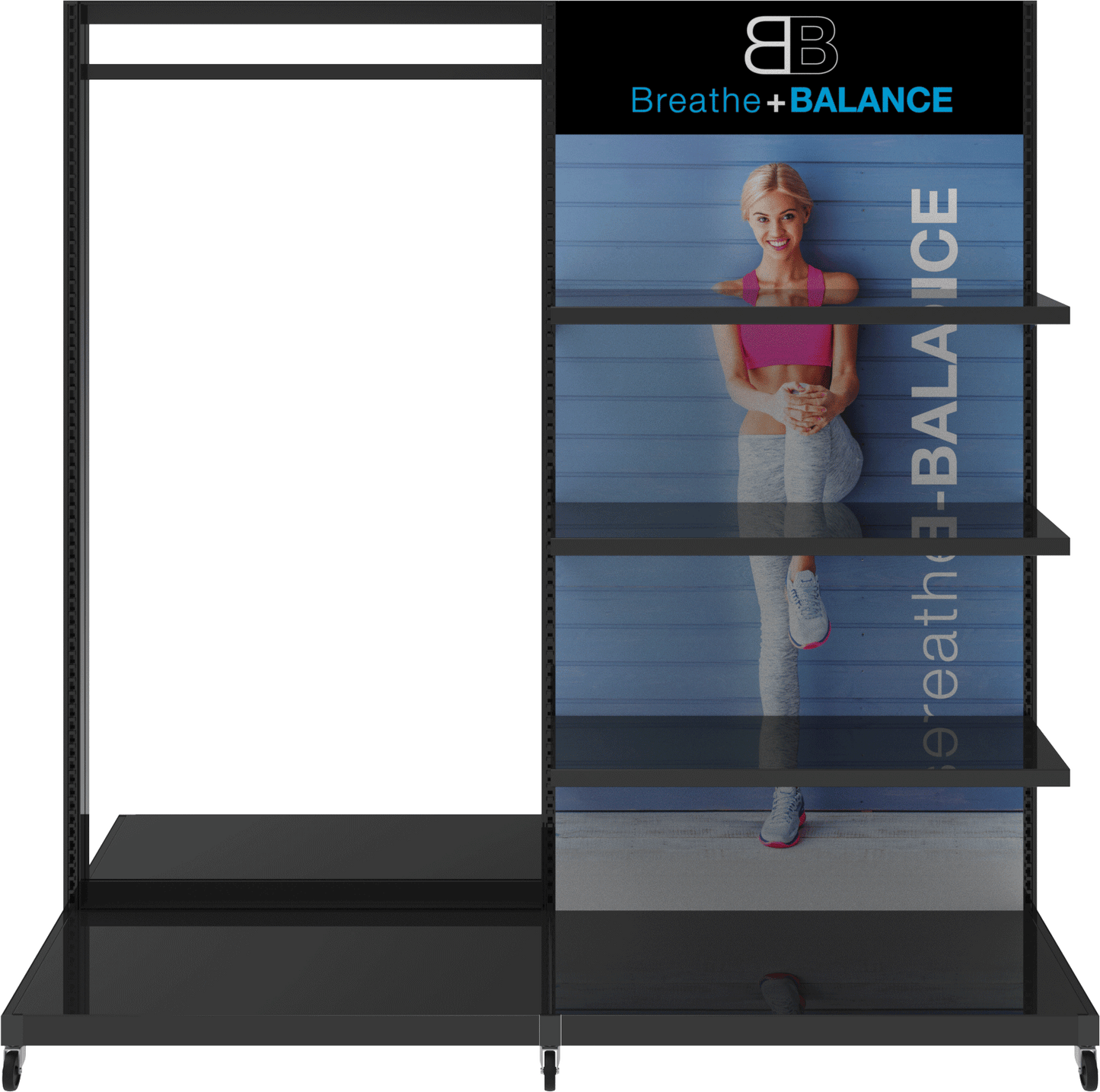 MODIFY Double Sided Display Stand with Shelving and Hanging Apparel - 74"W x 72"H- Product Display with Graphics