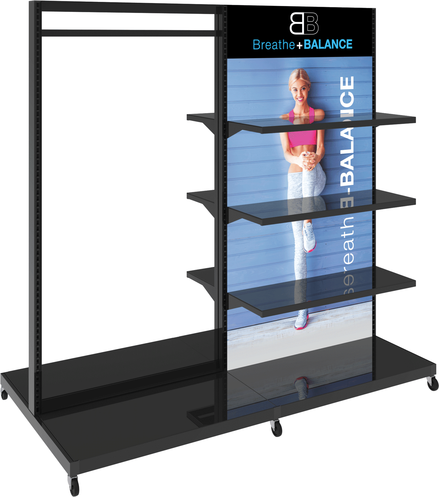 MODIFY Double Sided Display Stand with Shelving and Hanging Apparel - 74"W x 72"H- Product Display with Graphics