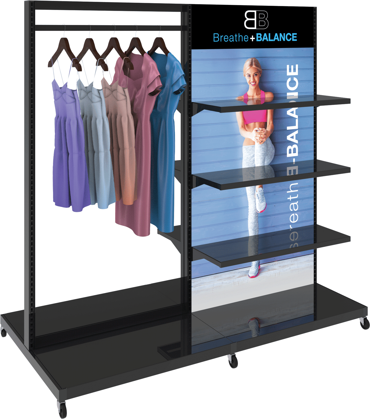 MODIFY Double Sided Display Stand with Shelving and Hanging Apparel - 74"W x 72"H- Product Display with Graphics