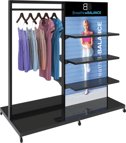 MODIFY Double Sided Display Stand with Shelving and Hanging Apparel - 74"W x 72"H- Product Display with Graphics