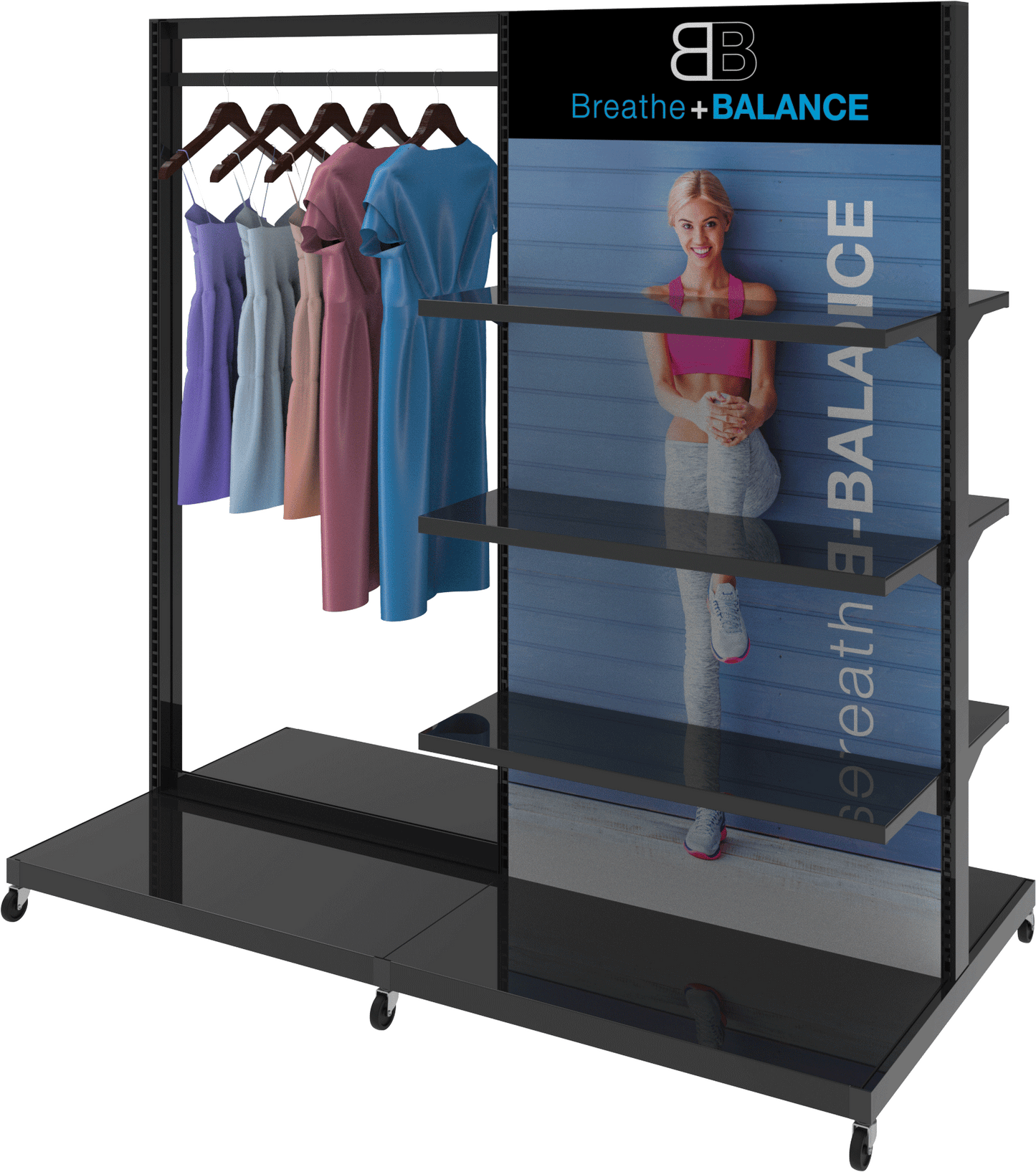 MODIFY Double Sided Display Stand with Shelving and Hanging Apparel - 74"W x 72"H- Product Display with Graphics