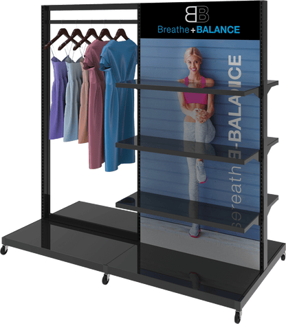 MODIFY Double Sided Display Stand with Shelving and Hanging Apparel - 74"W x 72"H- Product Display with Graphics