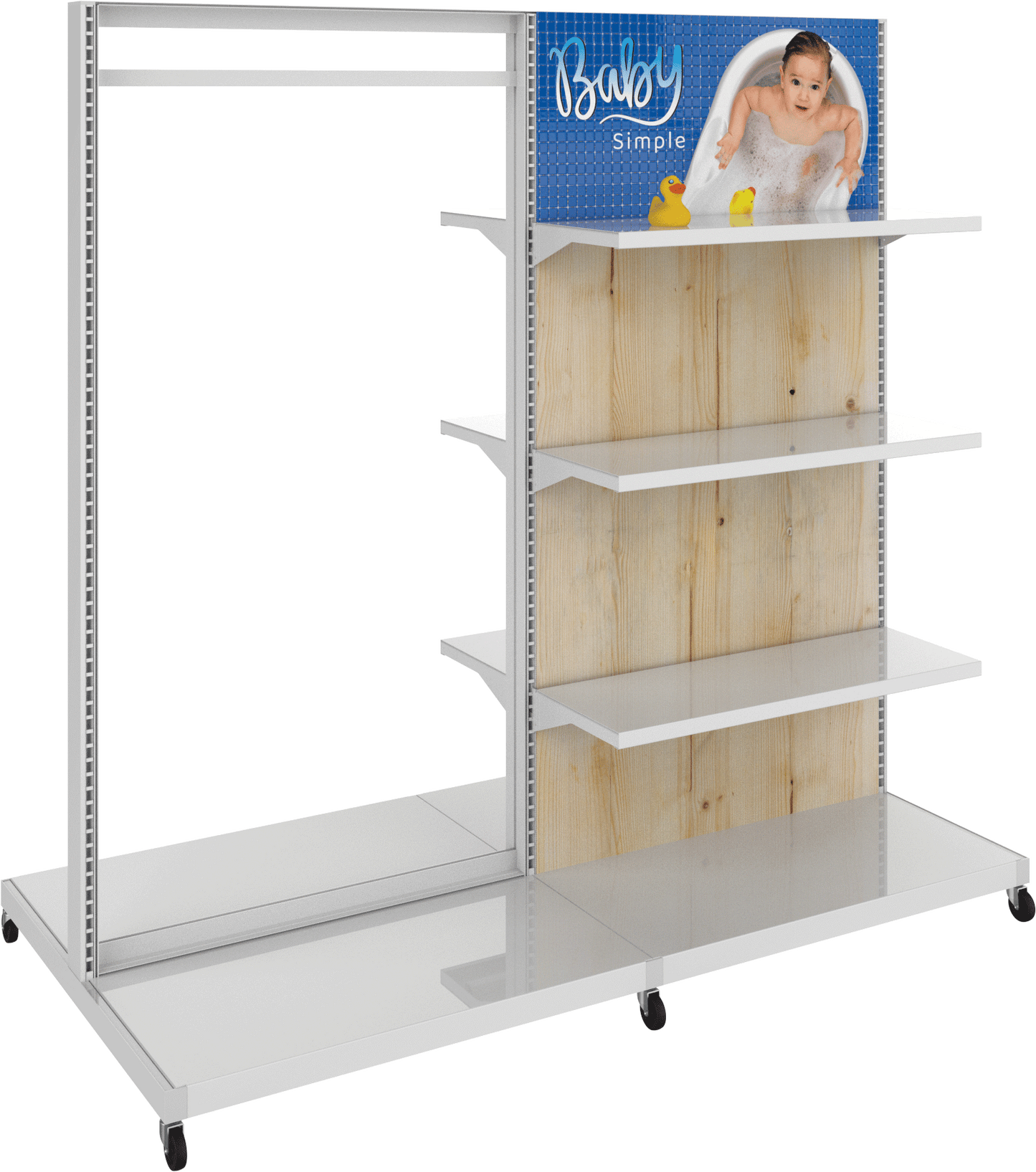 MODIFY Double Sided Display Stand with Shelving and Hanging Apparel - 74"W x 72"H- Product Display with Graphics