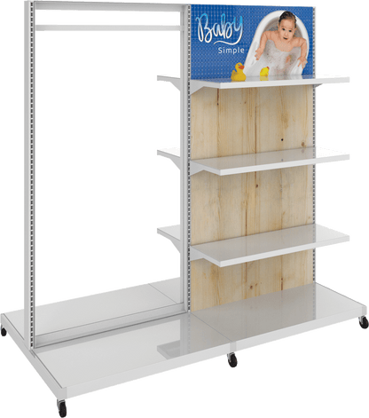 MODIFY Double Sided Display Stand with Shelving and Hanging Apparel - 74"W x 72"H- Product Display with Graphics