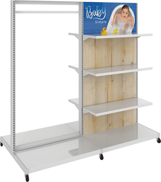 MODIFY Double Sided Display Stand with Shelving and Hanging Apparel - 74"W x 72"H- Product Display with Graphics