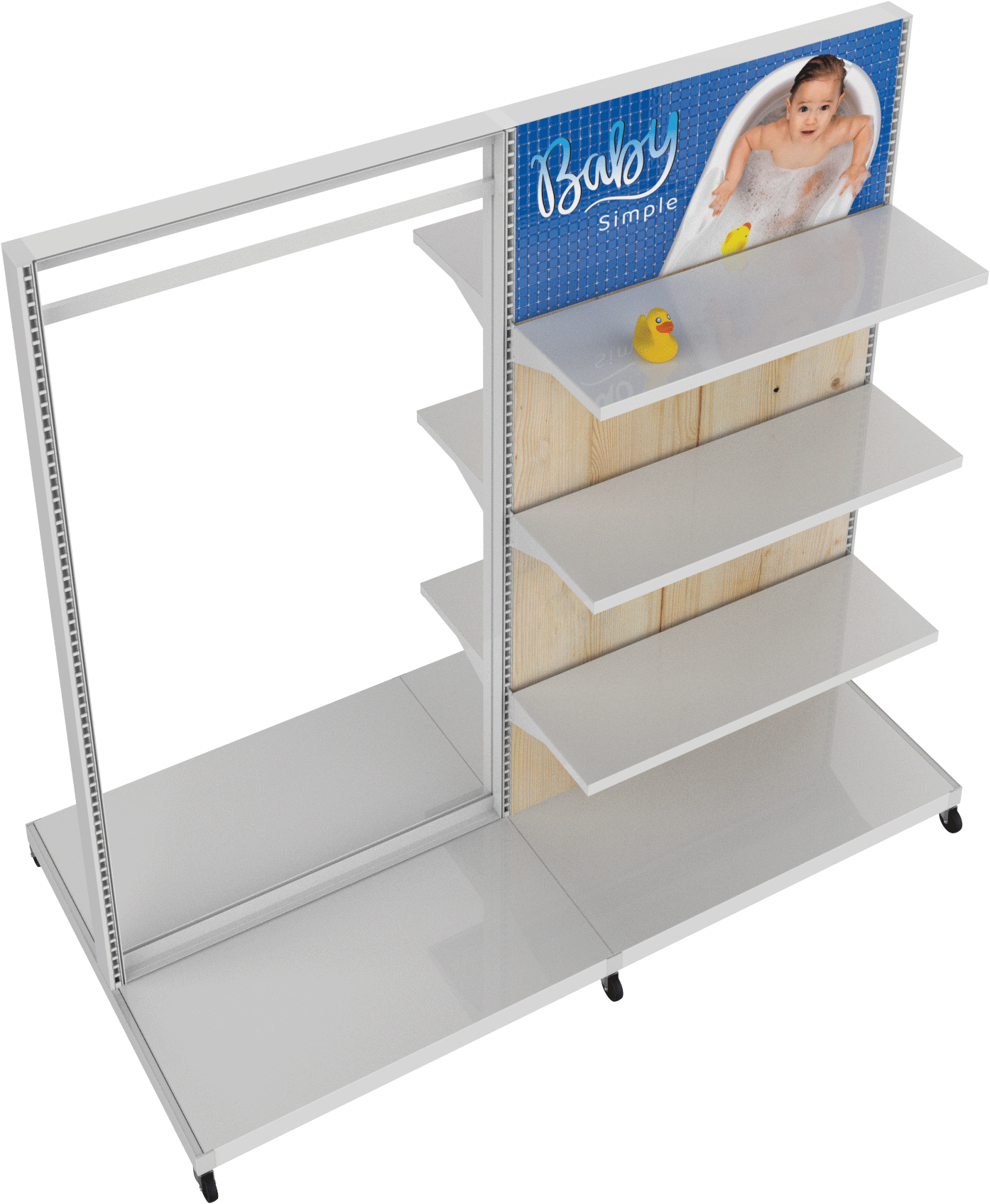 MODIFY Double Sided Display Stand with Shelving and Hanging Apparel - 74"W x 72"H- Product Display with Graphics