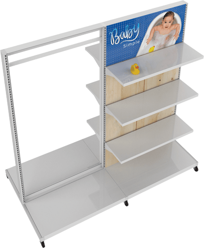 MODIFY Double Sided Display Stand with Shelving and Hanging Apparel - 74"W x 72"H- Product Display with Graphics