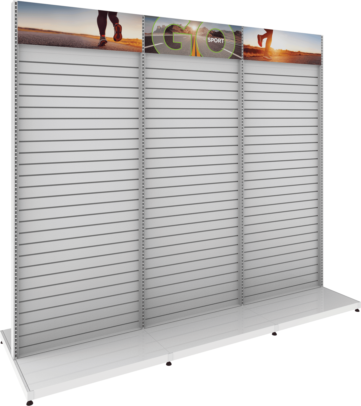 MODIFY Three Double Sided Slatwall Stand - 110"W x 96"H- Product Display with Graphics