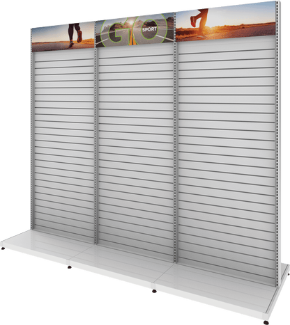 MODIFY Three Double Sided Slatwall Stand - 110"W x 96"H- Product Display with Graphics