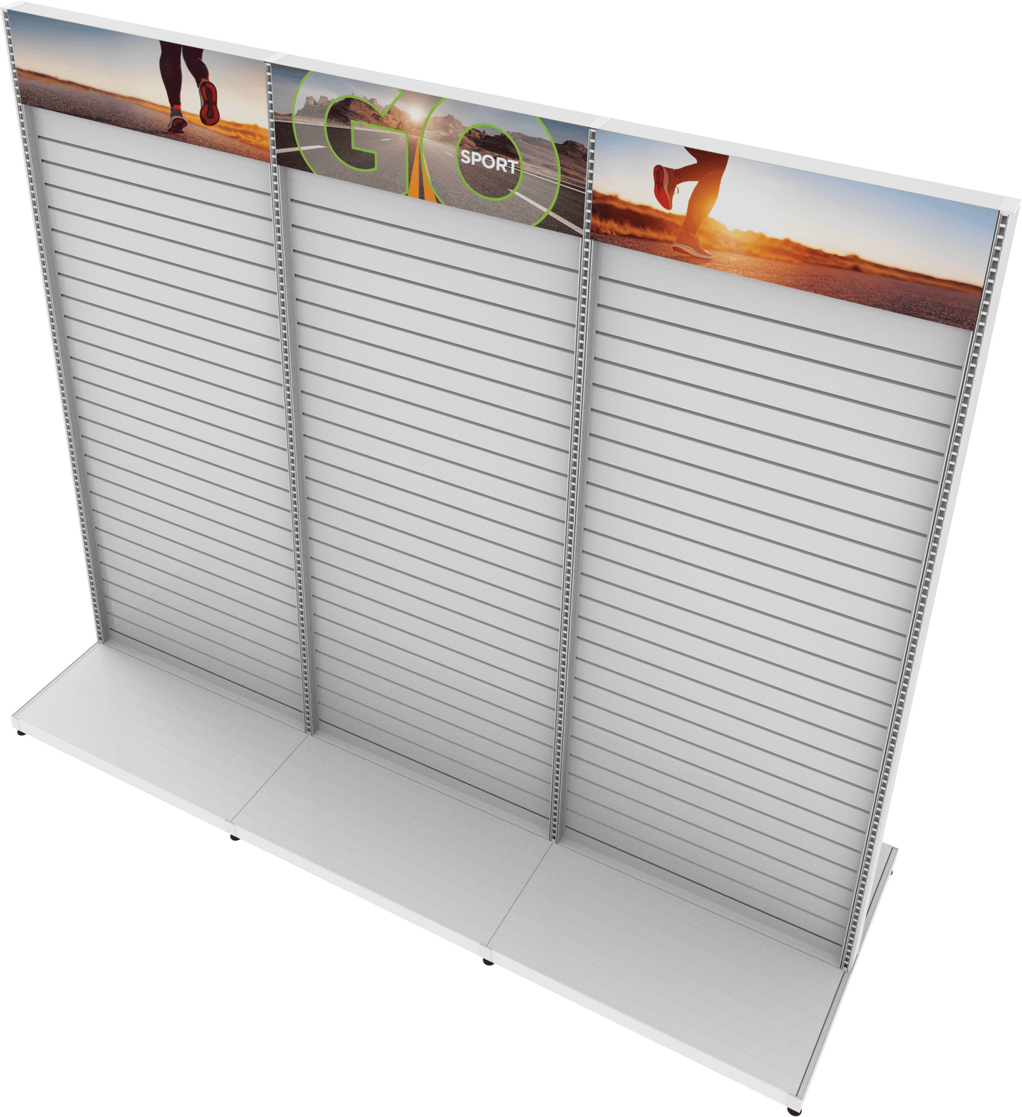 MODIFY Three Double Sided Slatwall Stand - 110"W x 96"H- Product Display with Graphics