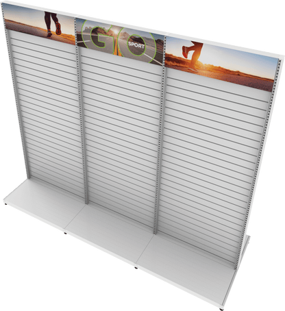 MODIFY Three Double Sided Slatwall Stand - 110"W x 96"H- Product Display with Graphics