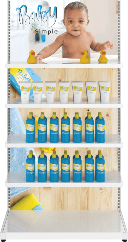 MODIFY Display Stand With Shelving - 37.5"W x 72"H - Product Display With Graphics