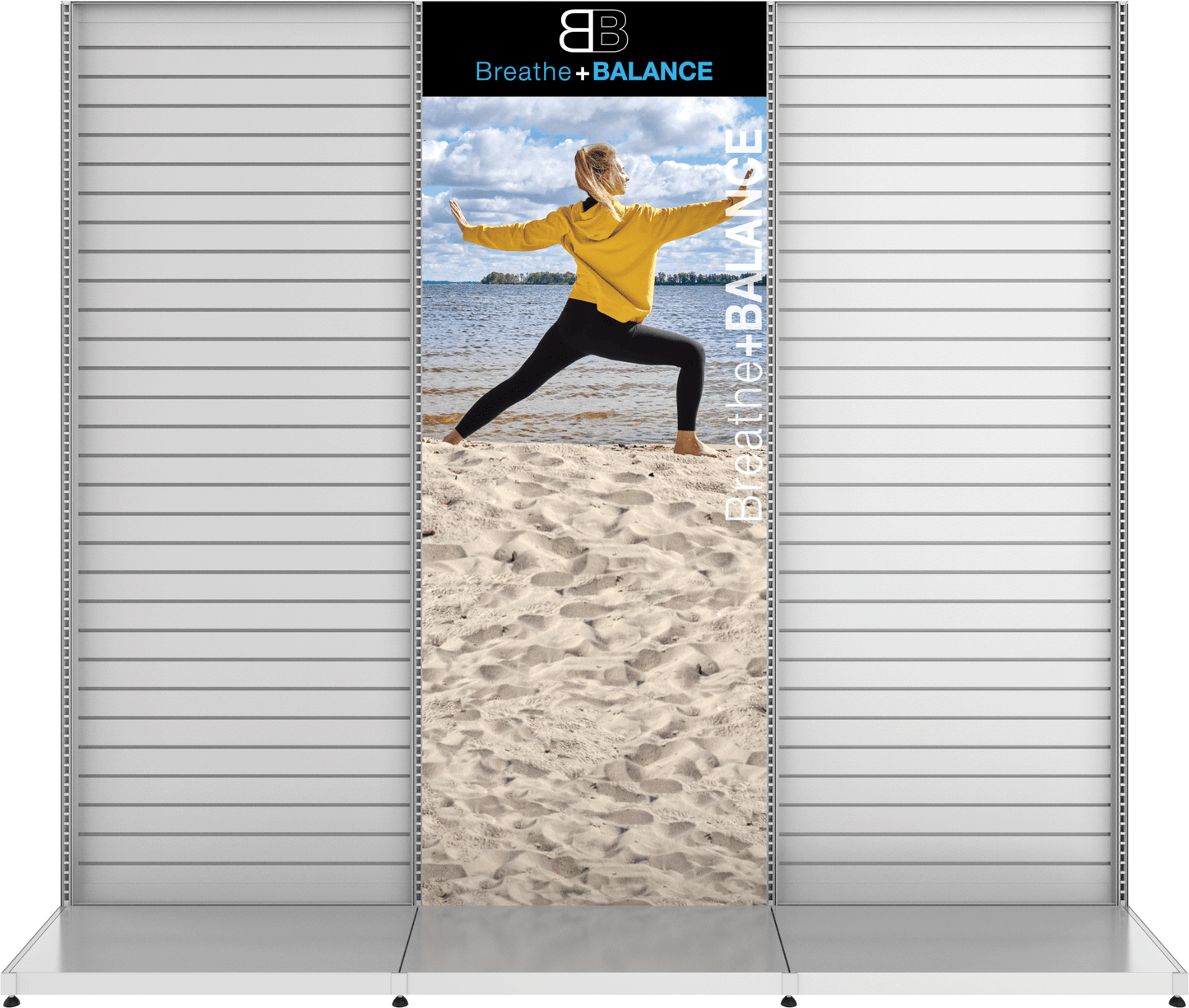 MODIFY Two Slatwall Stands - 110"W x 96"H - Product Display with Graphics