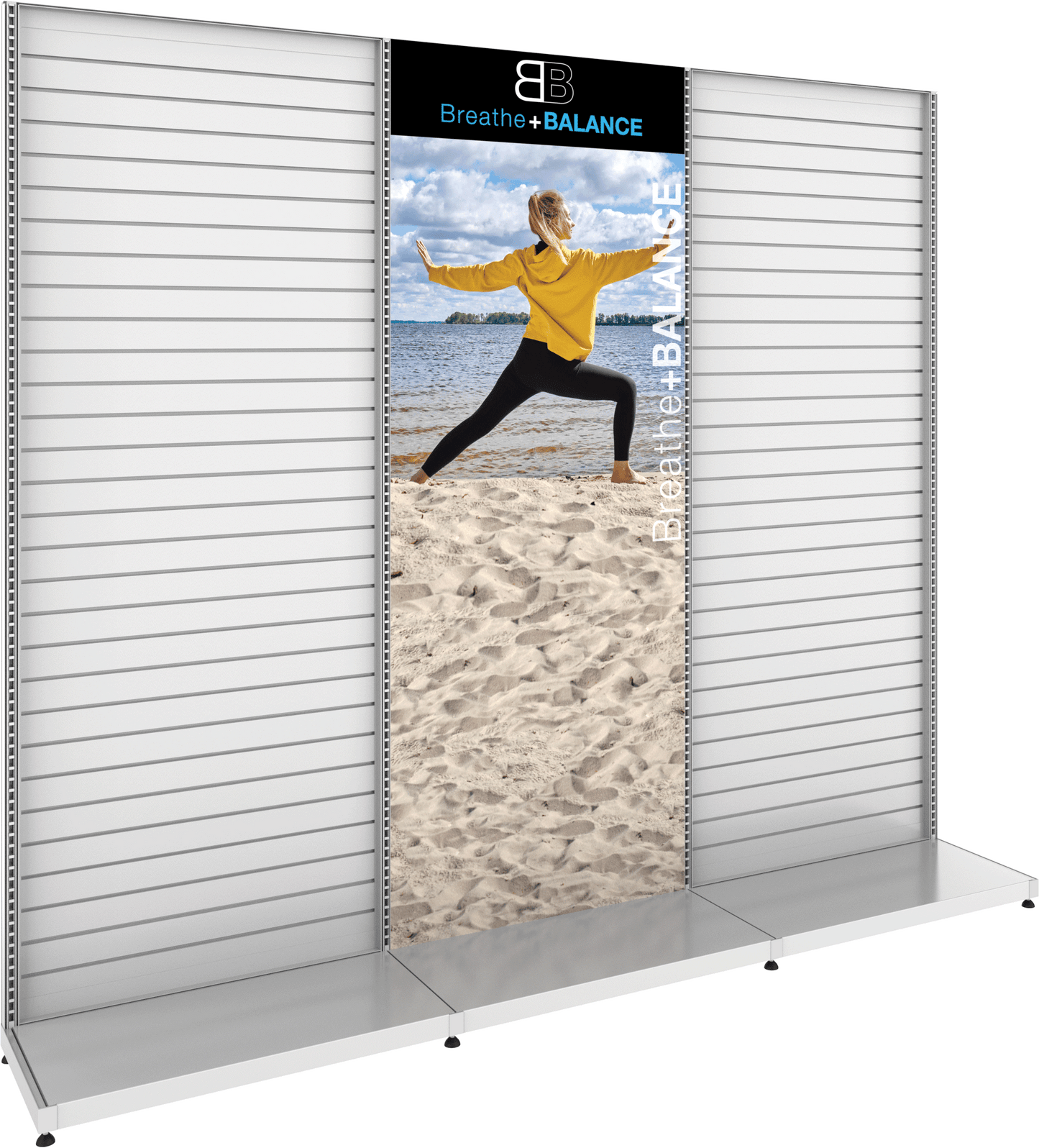 MODIFY Two Slatwall Stands - 110"W x 96"H - Product Display with Graphics