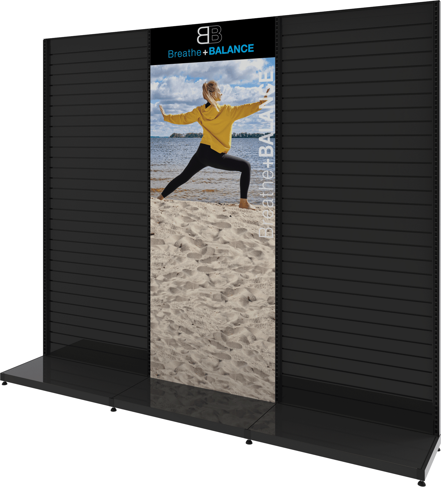 MODIFY Two Slatwall Stands - 110"W x 96"H - Product Display with Graphics